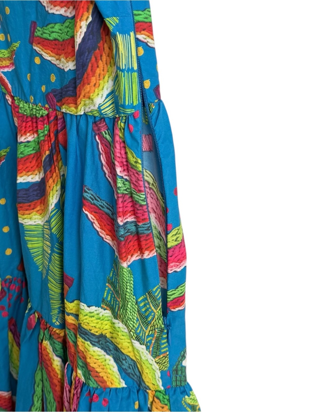 Farm Rio Tropics Tiered Midi Dress Size XS Blue Banana Print Puff Sleeve Cotton - Picture 12 of 15